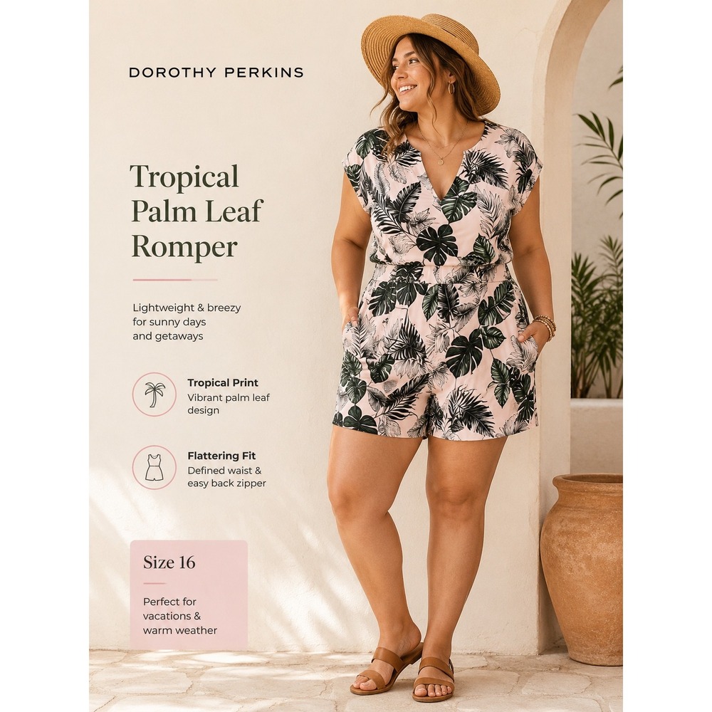 5/$25 Dorothy Perkins Romper Women Size 16 Pink Green Tropical Palm Leaf‎ V-Neck